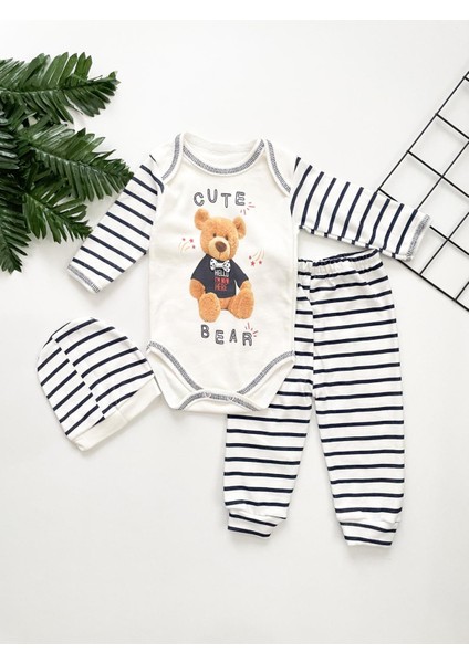 Özgülbebe Ayıcık Desenli Erkek Bebek 3'lü Zıbın Set