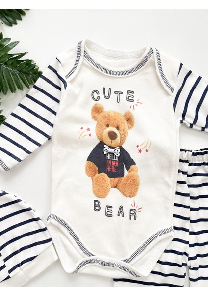 Özgülbebe Ayıcık Desenli Erkek Bebek 3'lü Zıbın Set