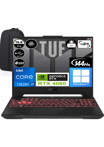 Tuf Gaming F15 FX507VV-LP243EP11 I7-13620H 64 GB Ram 2 Tb SSD Windows 11 Pro RTX4060 15.6" Fhd Taşınabilir Bilgisayar + Elektropasaj Çanta