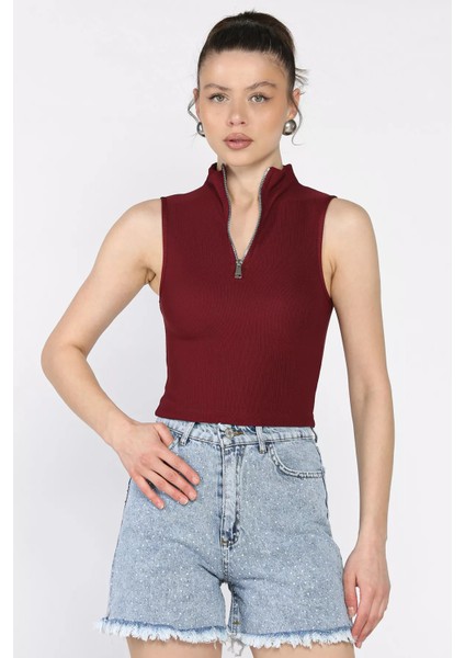 Kadın Yarım Fermuarlı Fitilli Crop Top Bluz P-00016993