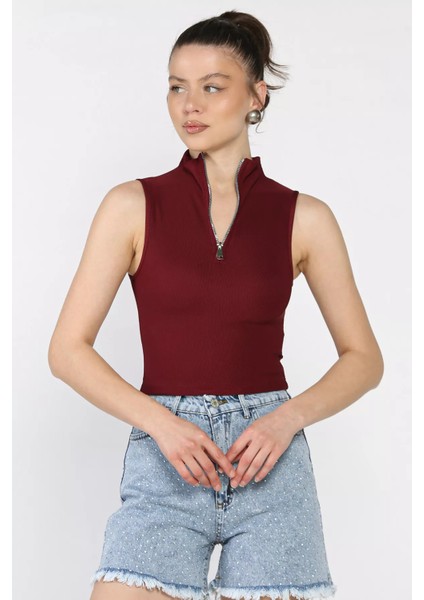 Kadın Yarım Fermuarlı Fitilli Crop Top Bluz P-00016993 fiyatları