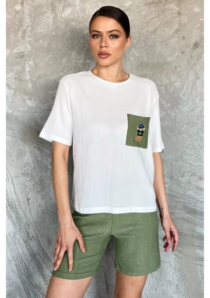 Kadın Tek Cepli Nakışlı Şortlu Ikili Takım P-00016937