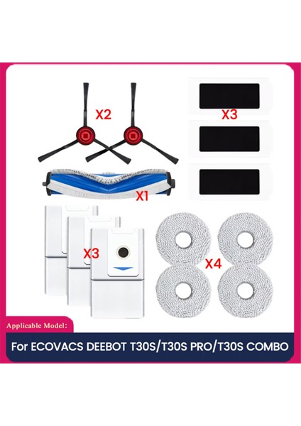Ecovacs Deebot T30S/T30S PRO/T30S Combo Robot Süpürge Yedek Parçaları Ana Yan Fırça Filtre Paspas Toz Torbası B (Yurt Dışından)