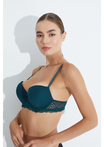 3041 Yağmur Desen Kol Dantelli Push-Up Destekli Sütyen - Koyu Yeşil - 75