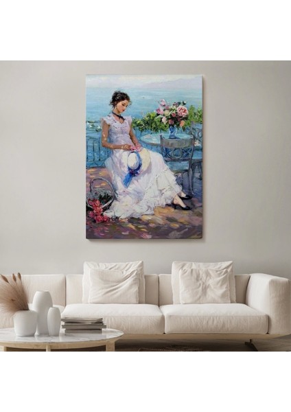 - Terastaki Beyaz Elbiseli Güzel Kadın TABLOSU-6273