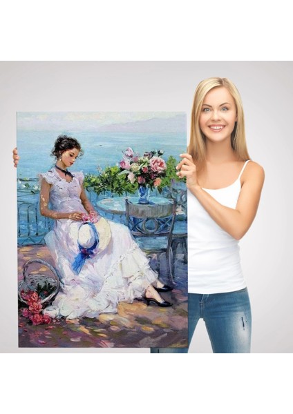- Terastaki Beyaz Elbiseli Güzel Kadın TABLOSU-6273 modelleri