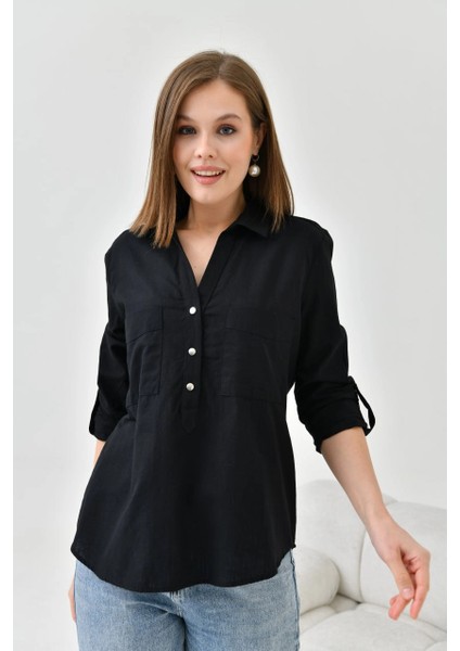 Kadın Bluz Metal Düğmeli Bluz Siyah - 33022