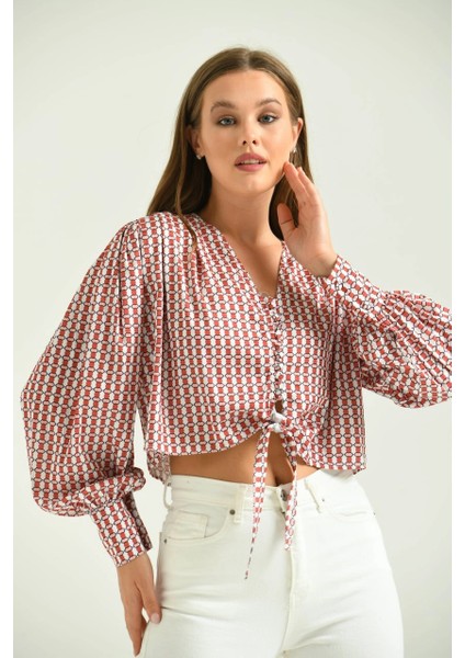 Kadın Gömlek Düğmeli Belden Bağlamalı Saten Gömlek Kiremit - T029