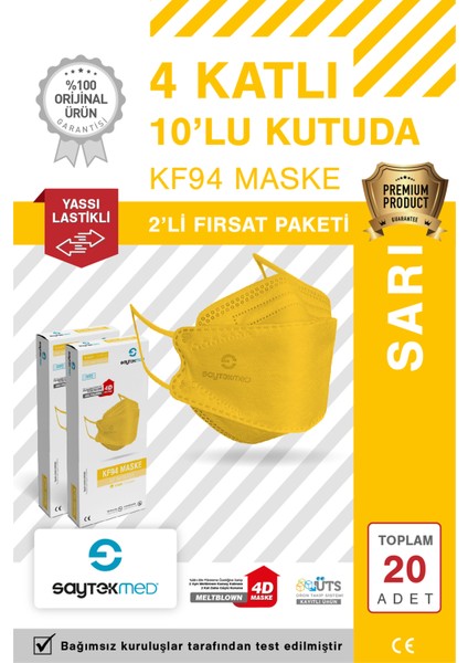KF94 Kore Tipi, 4 Katlı, Sarı Maske, Tekli Paket, Uv Steril (2 Kutu/ 20 Adet)