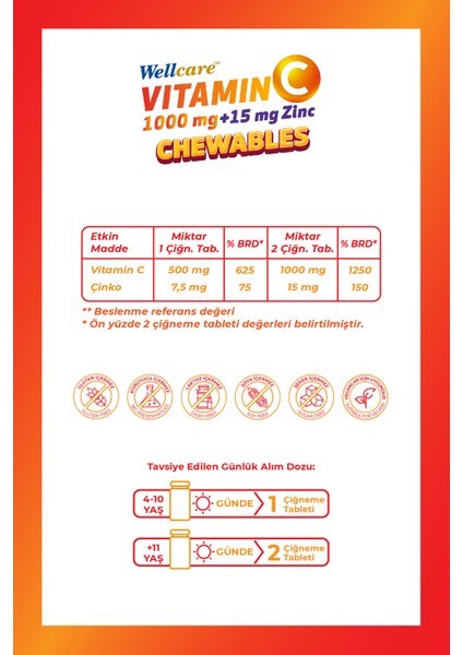 Vitamin C 1000 mg - 15 mg Çinko 60 Çiğneme Tableti
