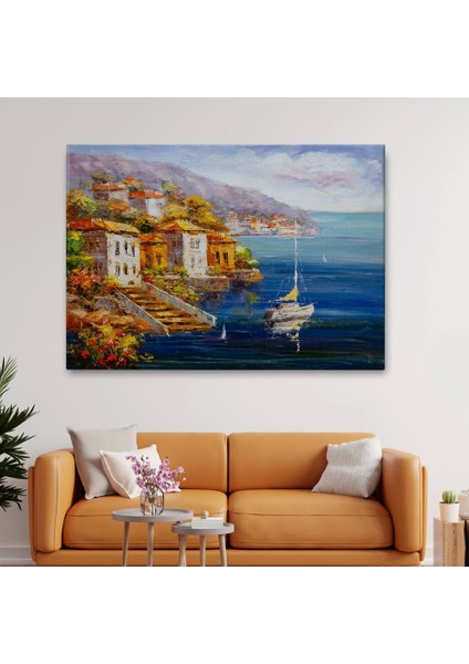 - Yunanistan Harbor View Manzaralı Yağlıboya Görünüm Dekoratif Kanvas Duvar TABLOSU-3532