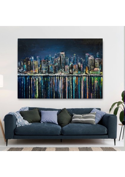 - Kıyı Şehrin De Gece Yağlıboya Görünüm Dekoratif Kanvas Duvar TABLOSU-3526