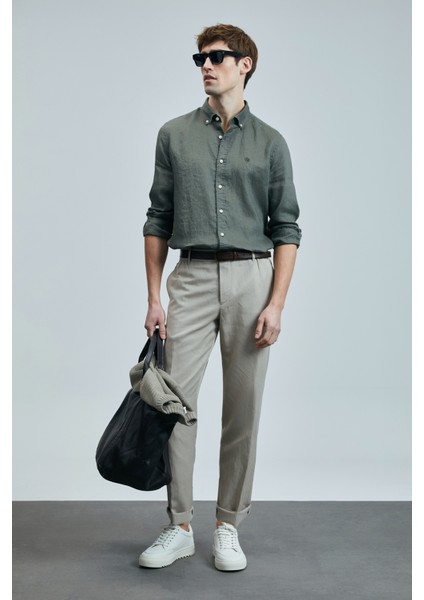 Keten ve Pamuk Karışımlı Slim Fit Normal Bel Düz Paça Chino Pantolon Erkek Pantolon 111190352 fiyatları