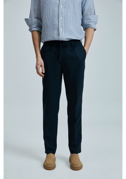 Keten ve Pamuk Karışımlı Slim Fit Normal Bel Düz Paça Chino Pantolon Erkek Pantolon 111190352