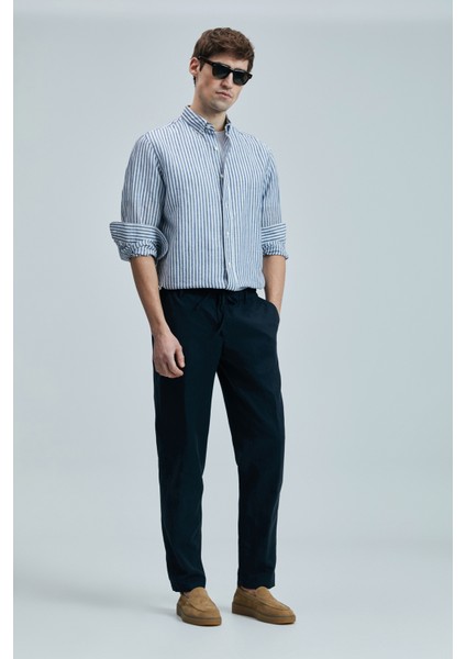 Keten ve Pamuk Karışımlı Slim Fit Normal Bel Düz Paça Chino Pantolon Erkek Pantolon 111190352