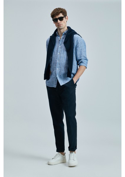 Keten ve Pamuk Karışımlı Slim Fit Normal Bel Düz Paça Chino Pantolon Erkek Pantolon 111190352