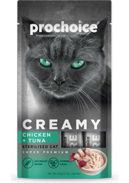 4X15 gr x 12 Adet Creamy Kısırlaştırılmış Kediler İçin Tavuklu ve Tuna Balıklı Sıvı Ödül Maması