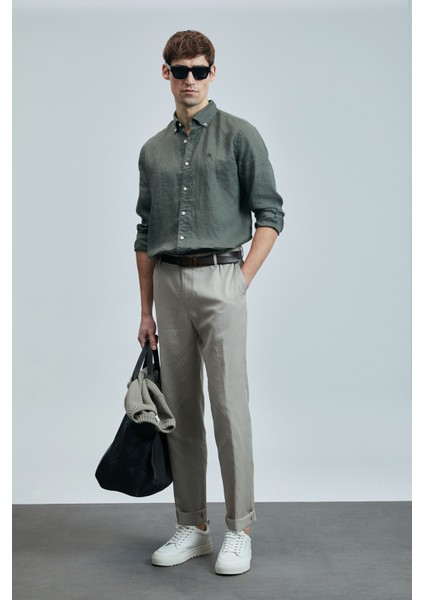 Keten ve Pamuk Karışımlı Slim Fit Normal Bel Düz Paça Chino Pantolon Erkek Pantolon 111190352