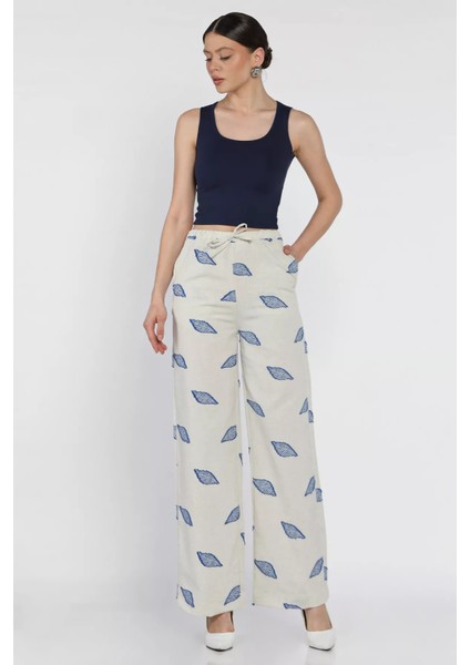 Kadın Bel Lastikli Nakışlı Yüksek Bel Keten Pantolon P-00016601