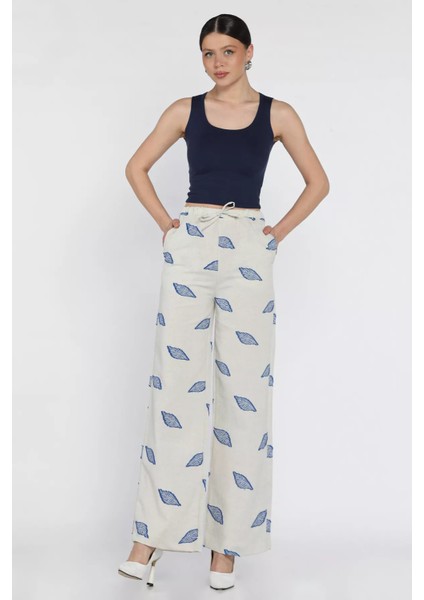 Kadın Bel Lastikli Nakışlı Yüksek Bel Keten Pantolon P-00016601 fiyatları