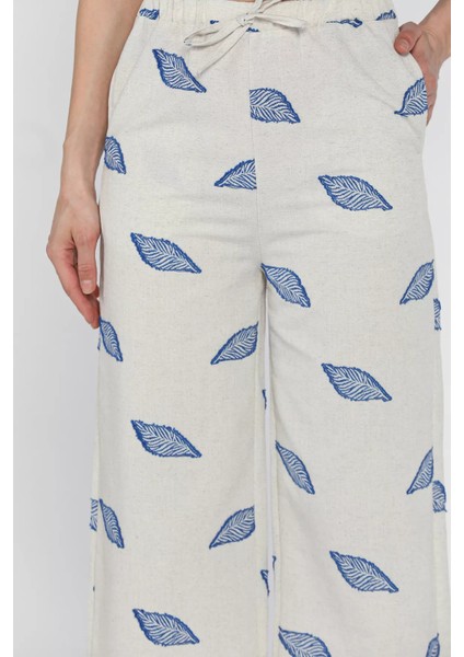 Kadın Bel Lastikli Nakışlı Yüksek Bel Keten Pantolon P-00016601 fırsatları