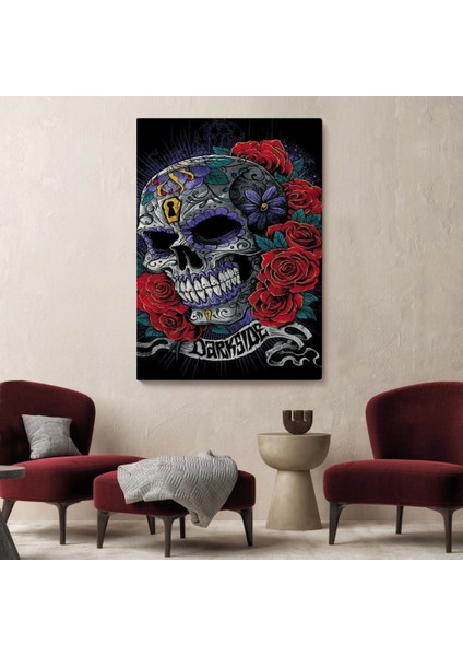 - Renkli Çiçeklerle Kafatası Posteri, Şeker Kafatası Sanatsal Kanvas TABLO-5256