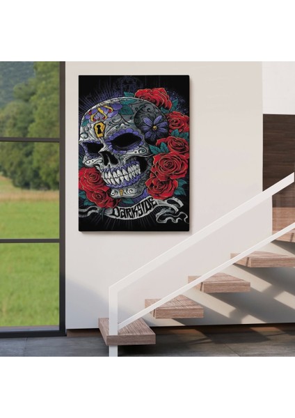 - Renkli Çiçeklerle Kafatası Posteri, Şeker Kafatası Sanatsal Kanvas TABLO-5256 fırsatları