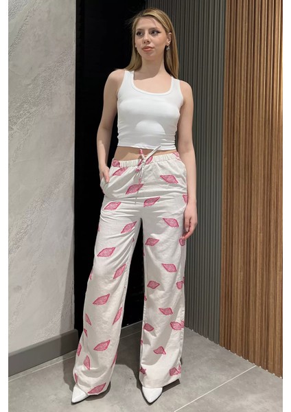 Kadın Bel Lastikli Nakışlı Yüksek Bel Keten Pantolon P-00016601