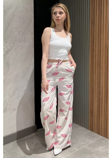 Kadın Bel Lastikli Nakışlı Yüksek Bel Keten Pantolon P-00016601 fiyatları