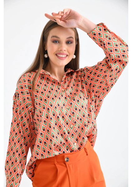 Kadın Orange Desenli Uzun Kollu Ince Saten Gömlek