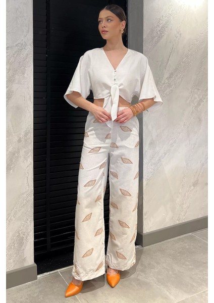 Kadın Bel Lastikli Nakışlı Yüksek Bel Keten Pantolon P-00016601 fiyatları