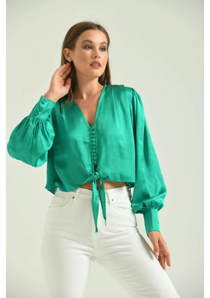 Kadın Gömlek Balon Kol Belden Bağlamalı Kadın Gömlek Yeşil - T030