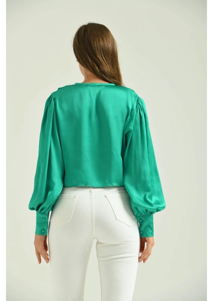 Kadın Gömlek Balon Kol Belden Bağlamalı Kadın Gömlek Yeşil - T030 fiyatları