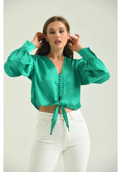 Kadın Gömlek Balon Kol Belden Bağlamalı Kadın Gömlek Yeşil - T030 modelleri