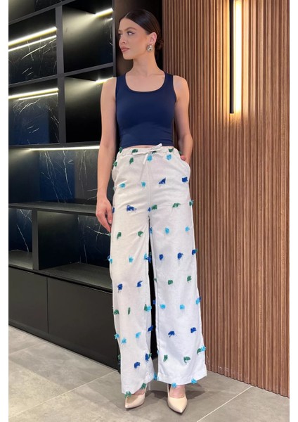 Kadın Yüksek Bel Püskül Detaylı Palazzo Keten Pantolon P-00016565