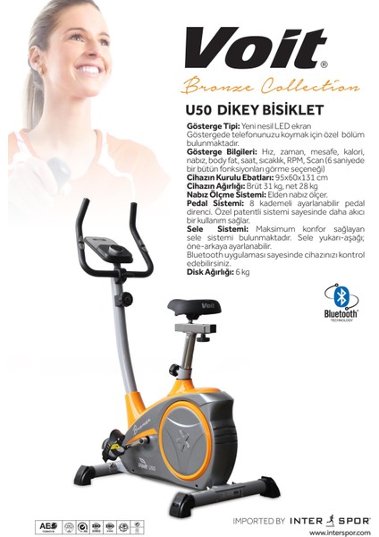 U50 Bronze Collection Dikey Kondisyon Bisikleti | Bluetooth Özellikli, 8 Kademe Direnç, Nabız Ölçerli, LED Ekranlı modelleri