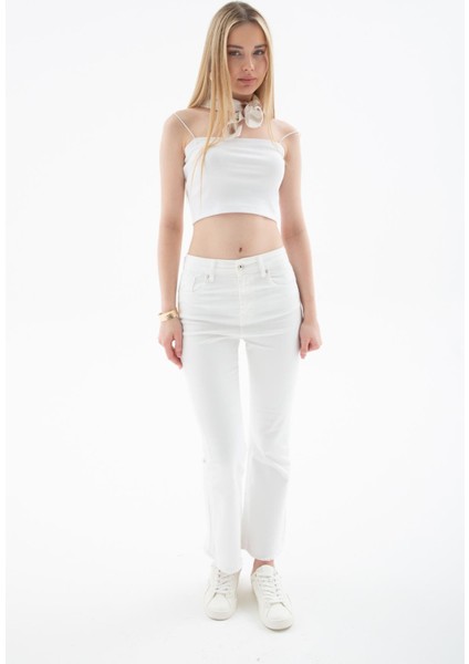 Yüksel Bel Ispanyol Paça Esnek Crop Flare Denim Pantolon Beyaz