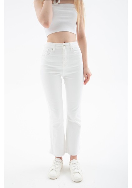 Yüksel Bel Ispanyol Paça Esnek Crop Flare Denim Pantolon Beyaz