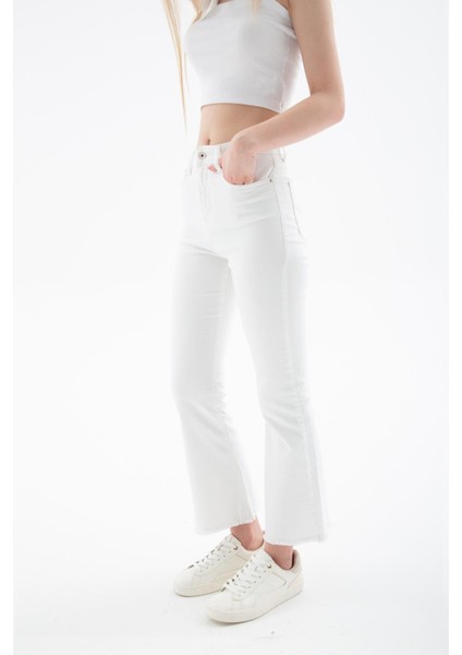 Yüksel Bel Ispanyol Paça Esnek Crop Flare Denim Pantolon Beyaz