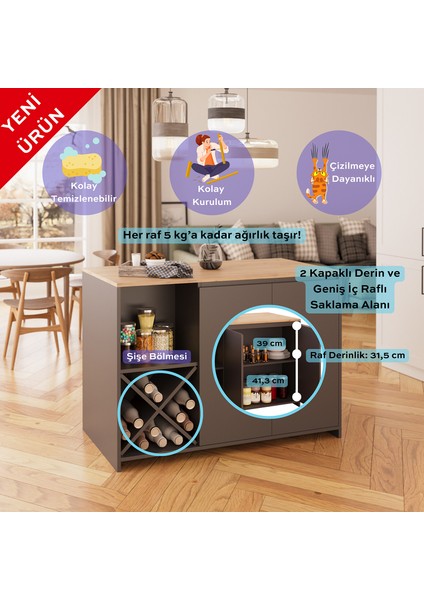 Vino L5120 Mutfak Adası 127 cm Sepet Ahşap Üst Antrasit Alt Şaraplık Oturmalı Depolamalı Çok Amaçlı Masa