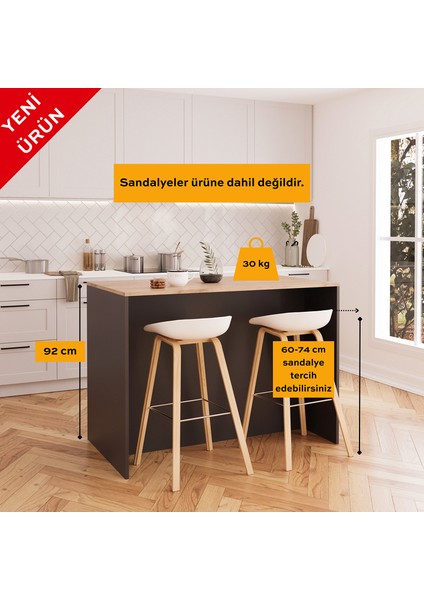 Vino L5120 Mutfak Adası 127 cm Sepet Ahşap Üst Antrasit Alt Şaraplık Oturmalı Depolamalı Çok Amaçlı Masa