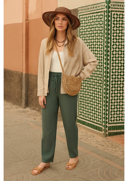 Beli Lastikli Keten Pantolon Haki
