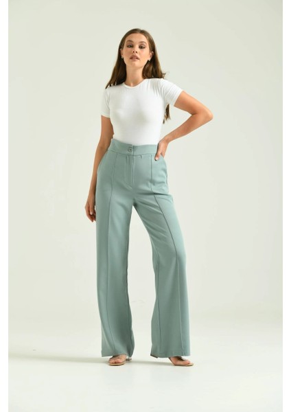 Kadın Mint Geniş Paça Likralı Cepli Düğmeli Pantolon
