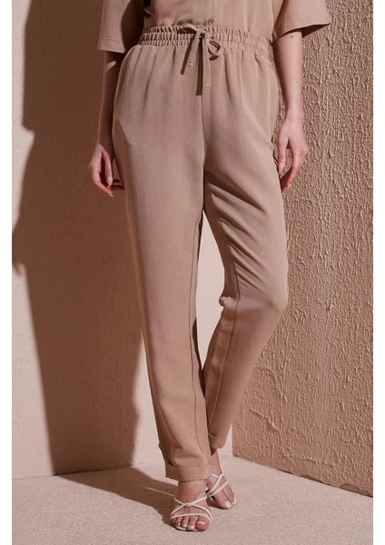 Beli Lastikli Keten Pantolon Bej modelleri