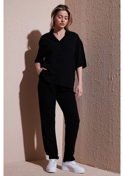 Beli Lastikli Keten Pantolon Siyah