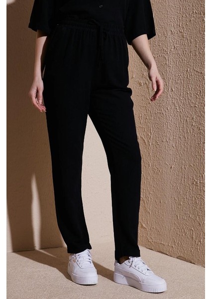 Beli Lastikli Keten Pantolon Siyah modelleri