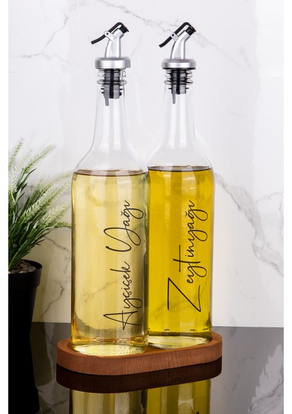 2li 750 ml Ahşap Standlı Ayçiçek Yağı ve Zeytinyağı Yağlık Sıvı Yağ Şişesi Gri Tıpalı Cam Yağdanlık