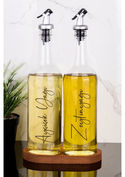 2li 750 ml Ahşap Standlı Ayçiçek Yağı ve Zeytinyağı Yağlık Sıvı Yağ Şişesi Gri Tıpalı Cam Yağdanlık