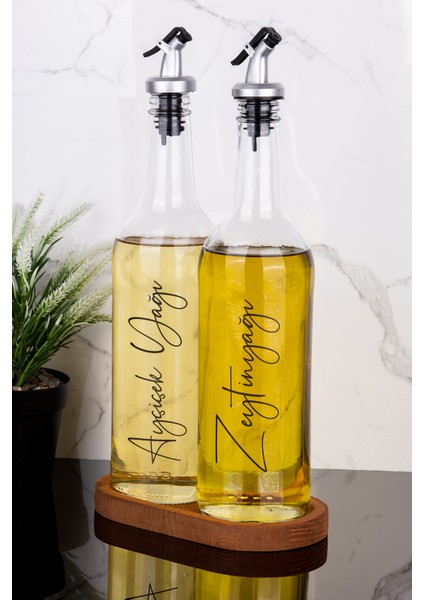 2li 750 ml Ahşap Standlı Ayçiçek Yağı ve Zeytinyağı Yağlık Sıvı Yağ Şişesi Gri Tıpalı Cam Yağdanlık