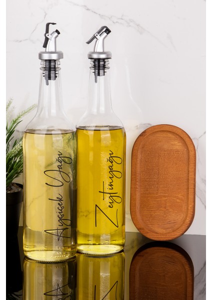 2li 750 ml Ahşap Standlı Ayçiçek Yağı ve Zeytinyağı Yağlık Sıvı Yağ Şişesi Gri Tıpalı Cam Yağdanlık